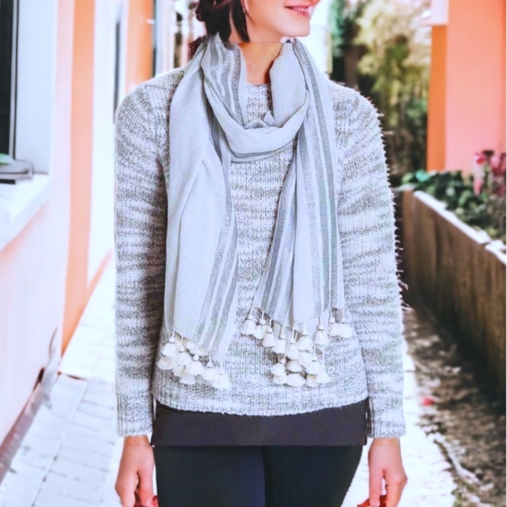 $118 Eileen Fisher VINTAGE Scarf Shimmer SOFT Wool Bl Gray White Stripes PomPom